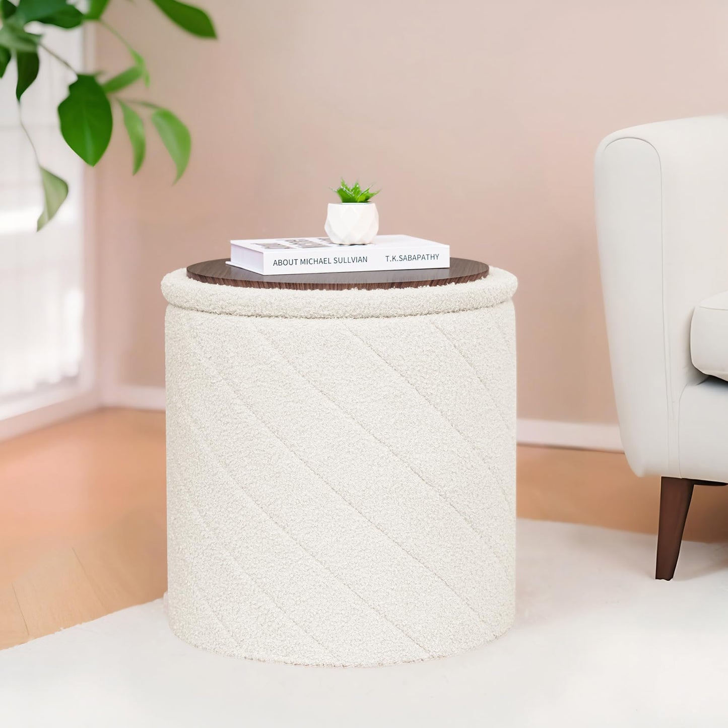Bonlife Round Ottoman Stool with Storage, Folding Footstool with Lid,Boucle Vanity Stool for Living Room,Bedroom,Entryway,Cream,43x43x45cm
