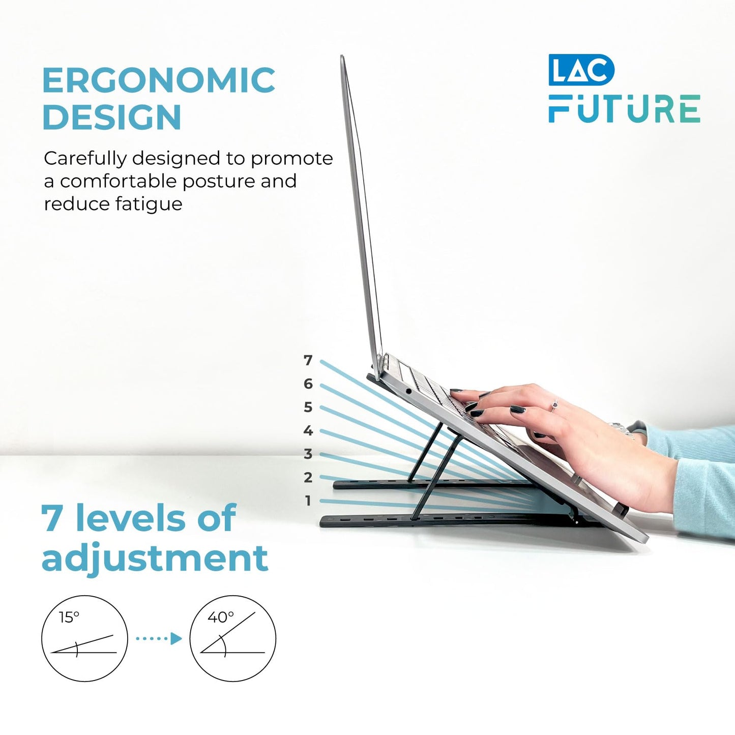 LAC FUTURE Laptop Stand for Desk, Black Aluminium – Adjustable Laptop Stand (7 Levels), Foldable & Portable, Holder Ventilated, Non-Slip