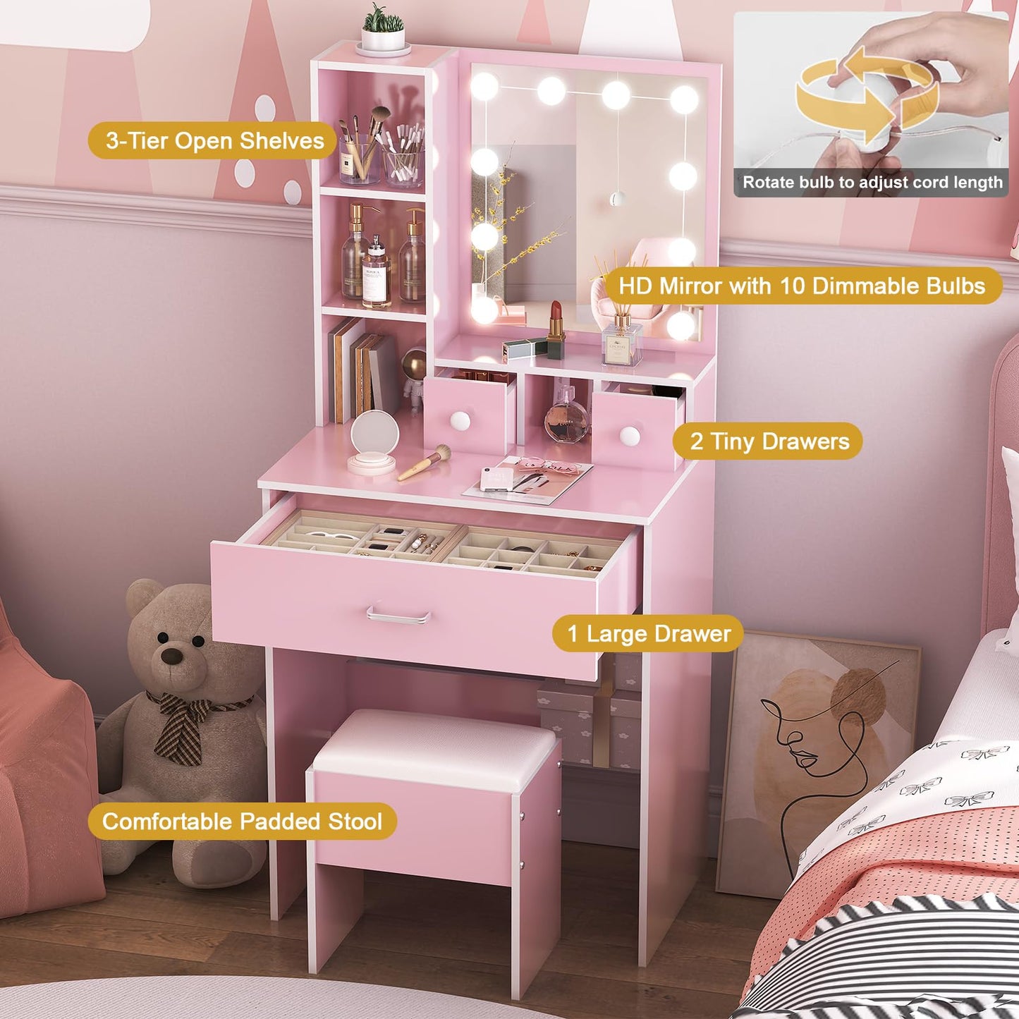 ANCOLOV Dressing Table with Mirror and Stool, 10 LED Light Bulbs Vanity Desk with Storage Shelves & 3 Drawers