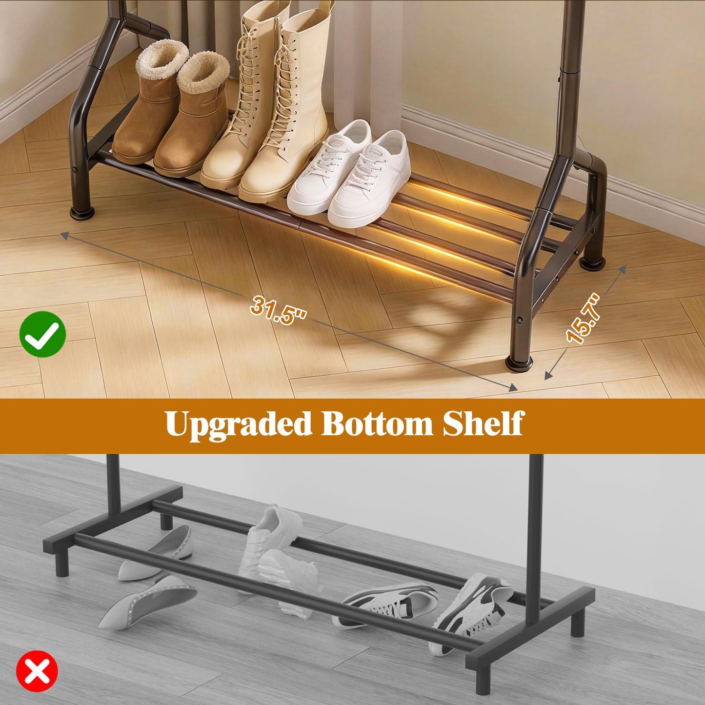 EAGMAK Metal Clothes Rail with Shelf for Hanging Clothes, Sturdy Freestanding Clothes Hanging Rail for Wardrobe & Bedroom Clothing Storage, Black
