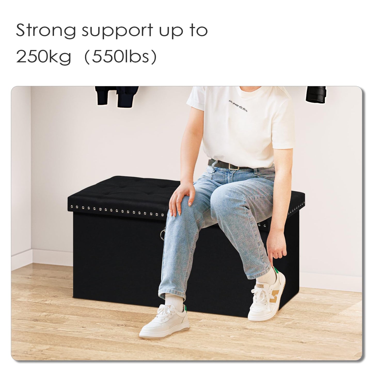 Bonlife Ottoman Bench with Tray, Folding Storage Footstool, 250kg Capacity