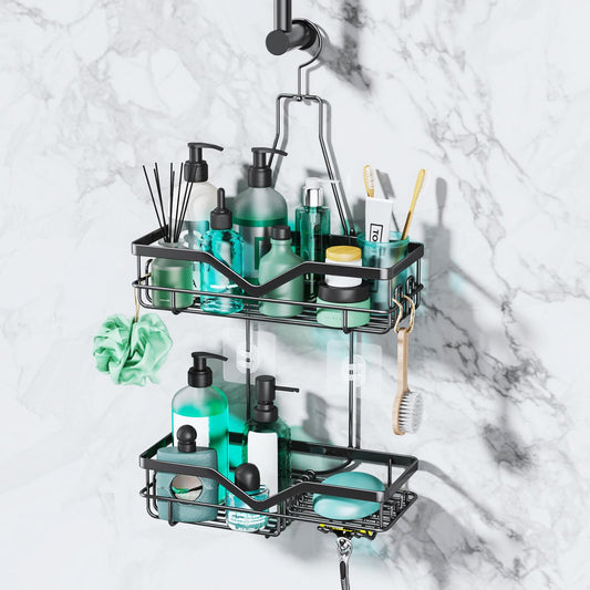 SWTYMIKI Rust-Resistant Hanging Shower Caddy - 2-Tier Bathroom Organizer Shelf with Razor Holder, Soap Dish & Multiple Hooks | Includes 3 Screw