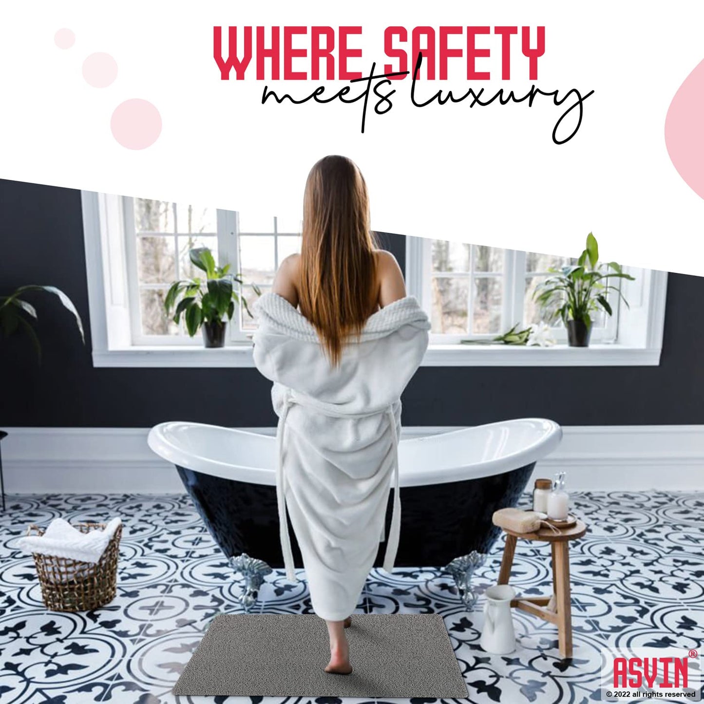 Asvin Non Slip Shower Mat & Bath Mat 40x60cm Grey, Anti Mould Loofah for Wet Floors & Inside Shower. OEKO-TEX 100 Certified, Phthalate Free