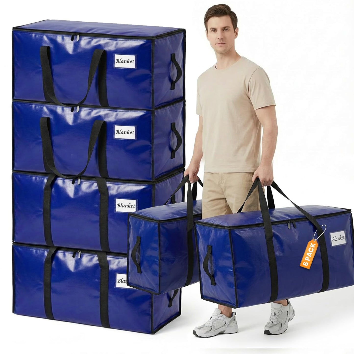 RICHER HOUSE 90L Heavy Duty Moving Boxes, Clothes Storage Bags, 6 Pack,Blue