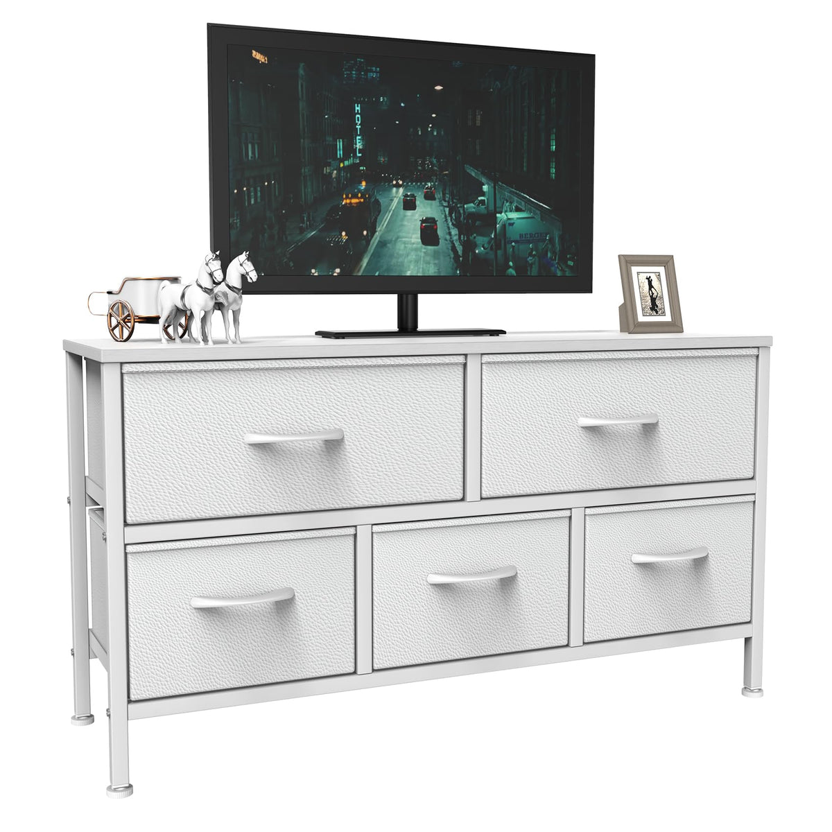 Feonase Bedroom Chest of Drawers, 5 Fabric Drawers Dresser with Metal Frame and MDF Top Board, Modern Storage Unit for Bedroom Living room, Entryway