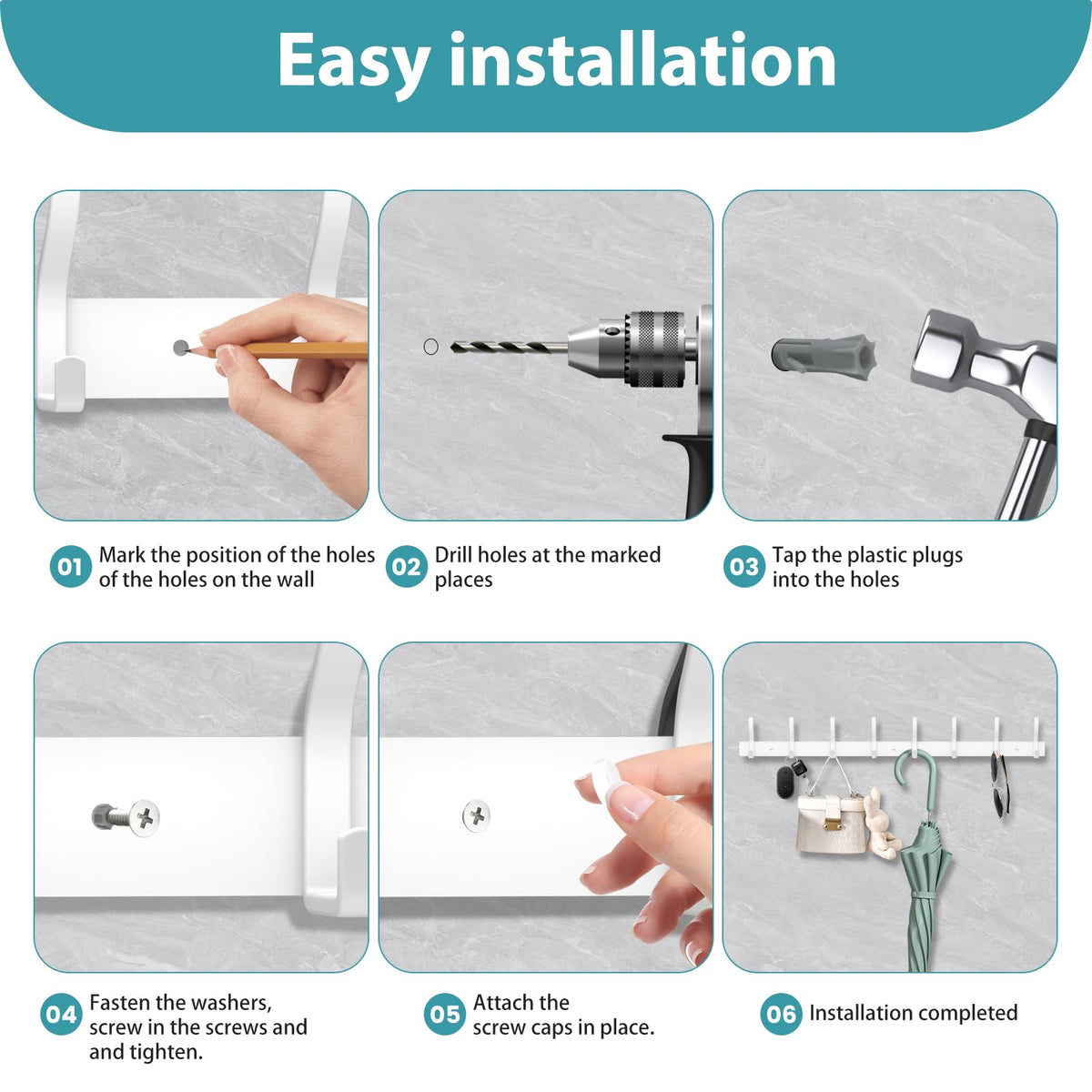 MEIJO Coat Hooks Wall Mounted Stainless Steel, White Coat Rack Wall Mounted with 8 Hooks Heavy Duty Coat Hooks for Door, Bathroom, Bedroom, Kitchen