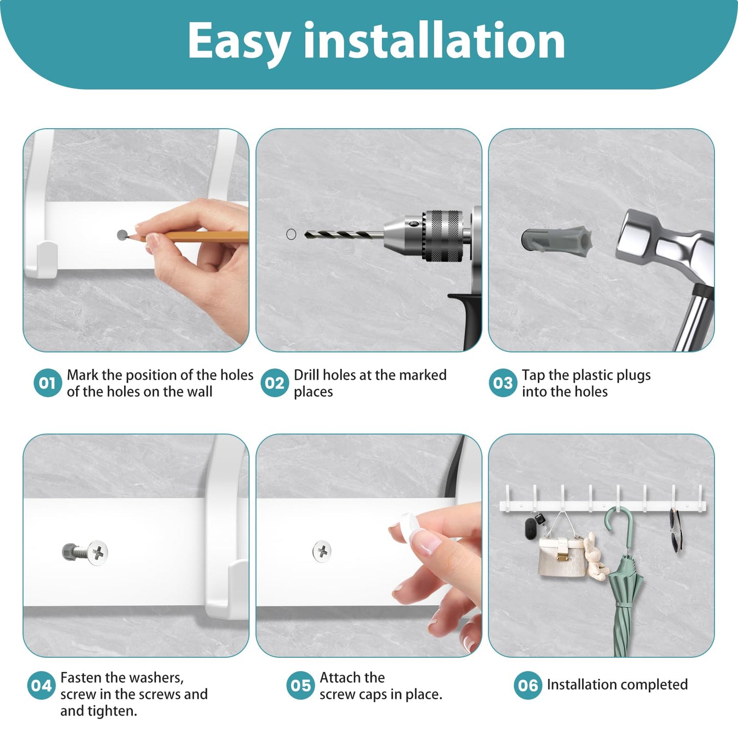 MEIJO Coat Hooks Wall Mounted Stainless Steel, White Coat Rack Wall Mounted with 4 Hooks Heavy Duty Coat Hooks for Door, Bathroom, Bedroom, Kitchen
