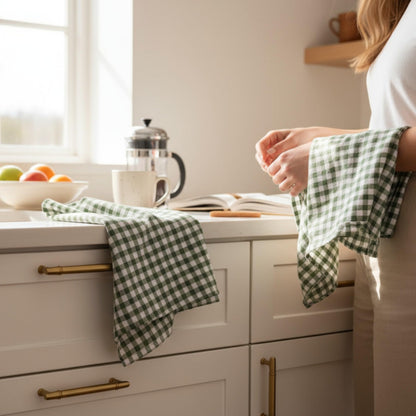 Eight Owls Stonewashed Linen Kitchen Dish Towels – 50 x 68 cm – 100% Pure Linen Tea Towel/Hand Towel - set of 2 Green Check