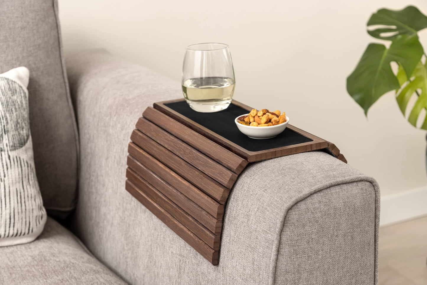 Bamboo Sofa Arm Tray - Anti-Slip, Flexible for All Armrests - Durable Couch Arm Table with Elegant Design, Natural Color, Fits Any Interiors
