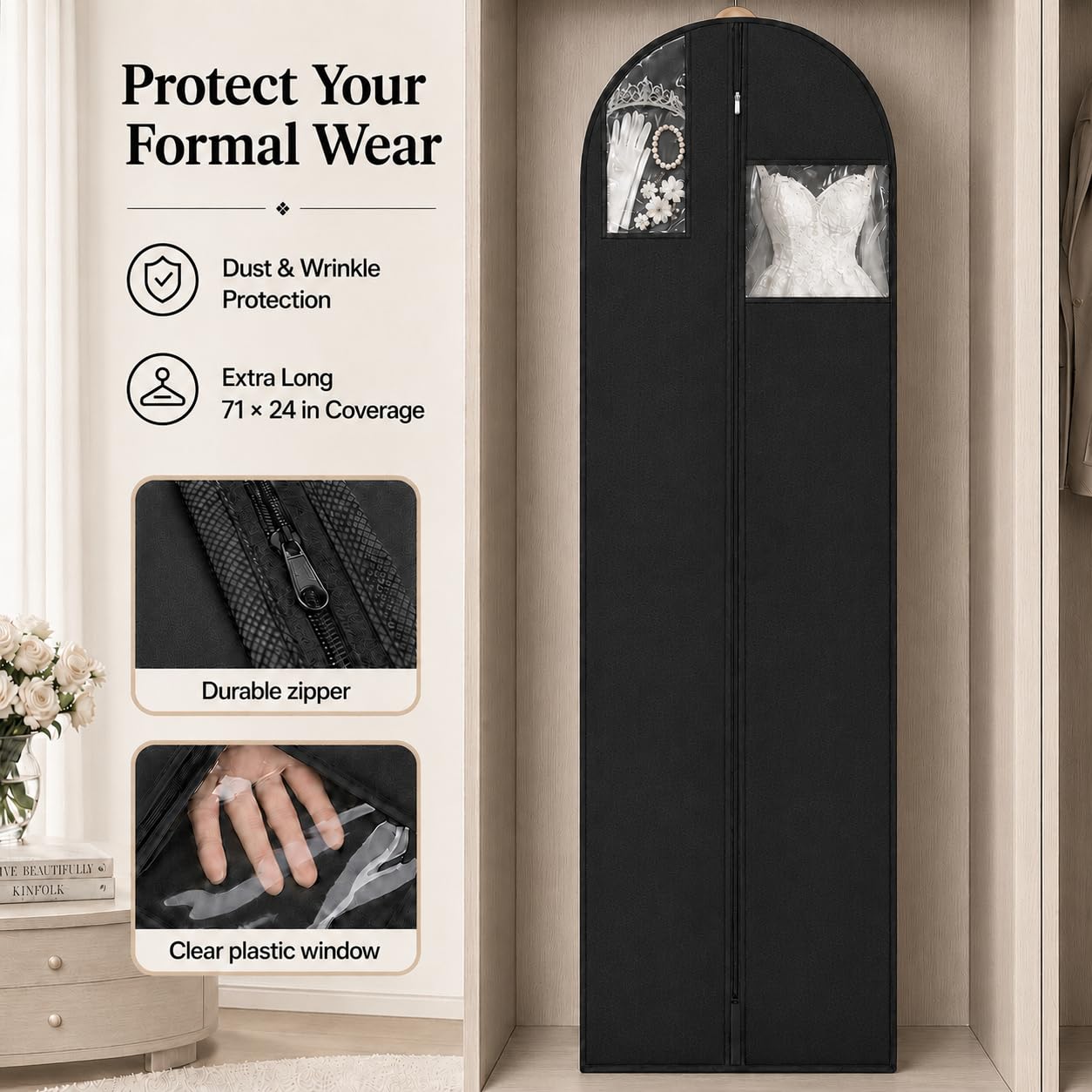 Sytinnice 2Pcs Long Dress Garment Bags, 60×180cm Folding Full Length Garment Cover Bag with Zipper, Pocket & Handle