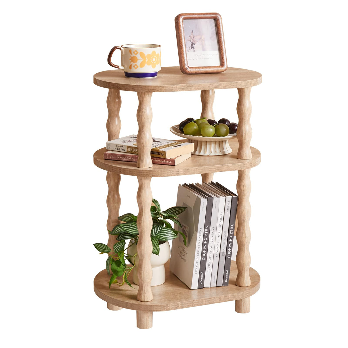 Aibiju 3-Tier Side Table with Solid Wood Legs, Small Oval End Table Slim Coffee Tables, Industrial Nightstand with Storage Shelf for Bedroom