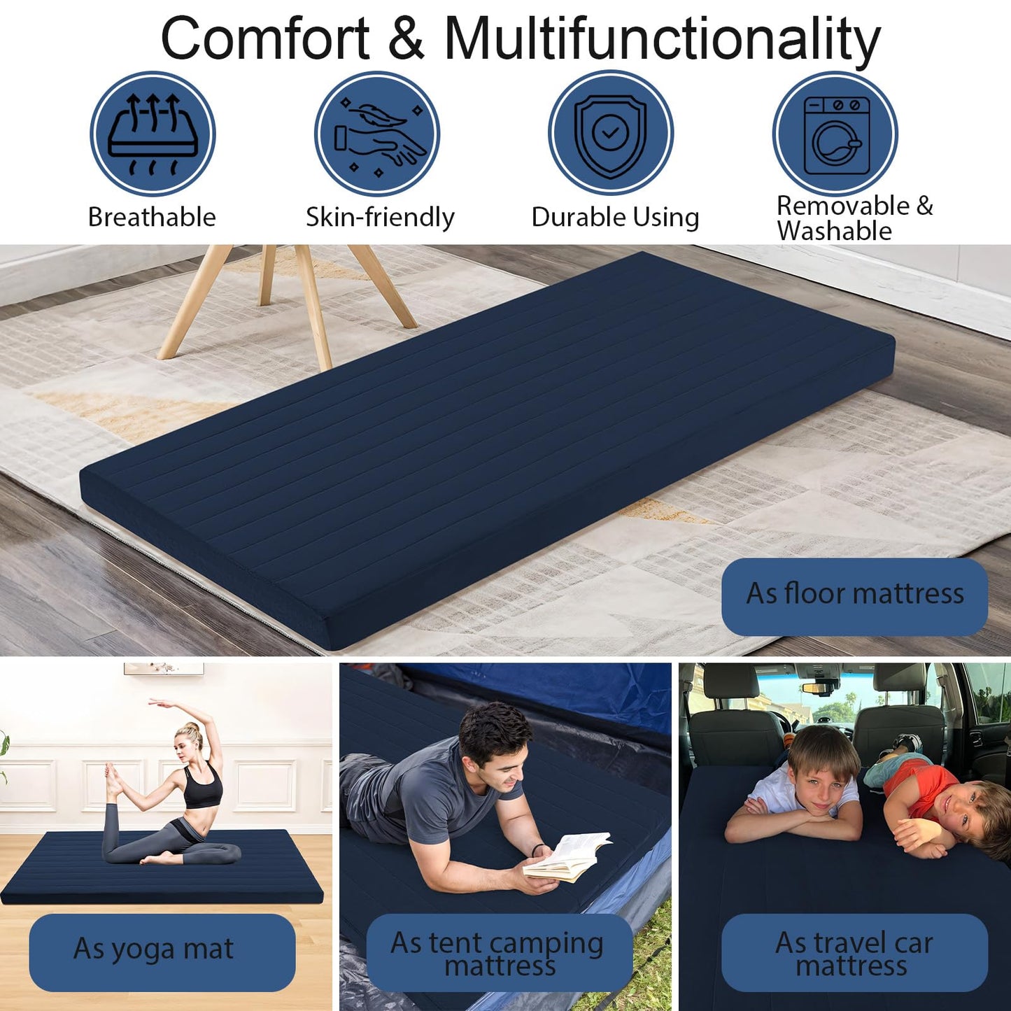 MeMoreCool Roll Up Floor Mattress Double 190x135cm, Navy Blue