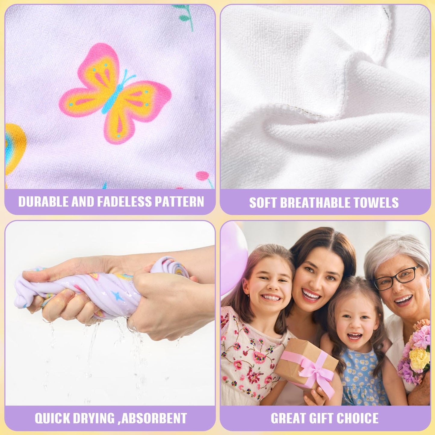 WAWSAM 2 Pack Kids Hair Towel Wrap for Girls, Microfibre Hair Turban Towel Fast Drying, Butterfly Hair Towel Wrap with Elastic Strap for Long Hair