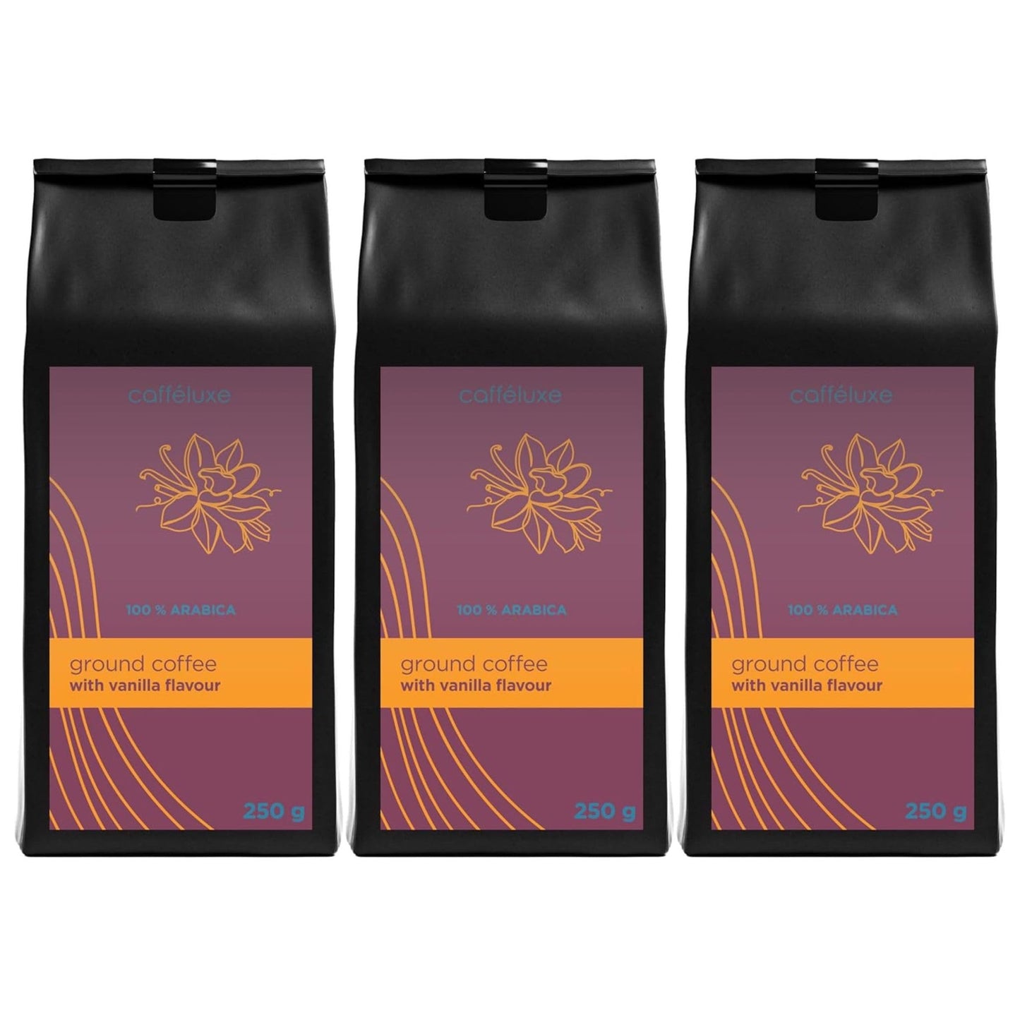 Caffeluxe Vanilla Flavoured Ground Coffee - 100% Arabica Beans - Naturally Flavoured - for Filter, Mocha Pot, Coffee Machine - 3X 250g Per Bag