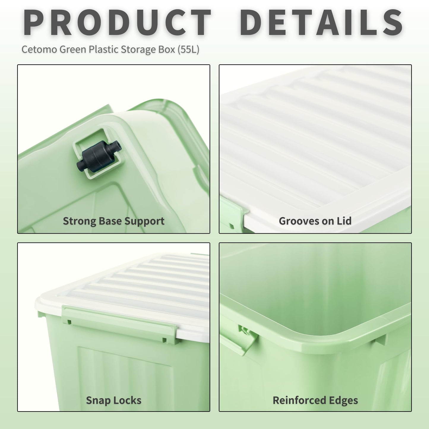 Cetomo 55L*6 Storage Boxes with Lids, Plastic Storage Box with Wheels and Secure Side Latches, Stackable & Nestable Organizer for Home, Office