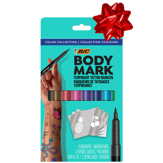 BIC BodyMark Temporary Tattoo Markers for Skin, Color Collection, Flexible Brush Tip, 8-Count Pack of Assorted Colors, Skin-Safe*, Cosmetic Quality