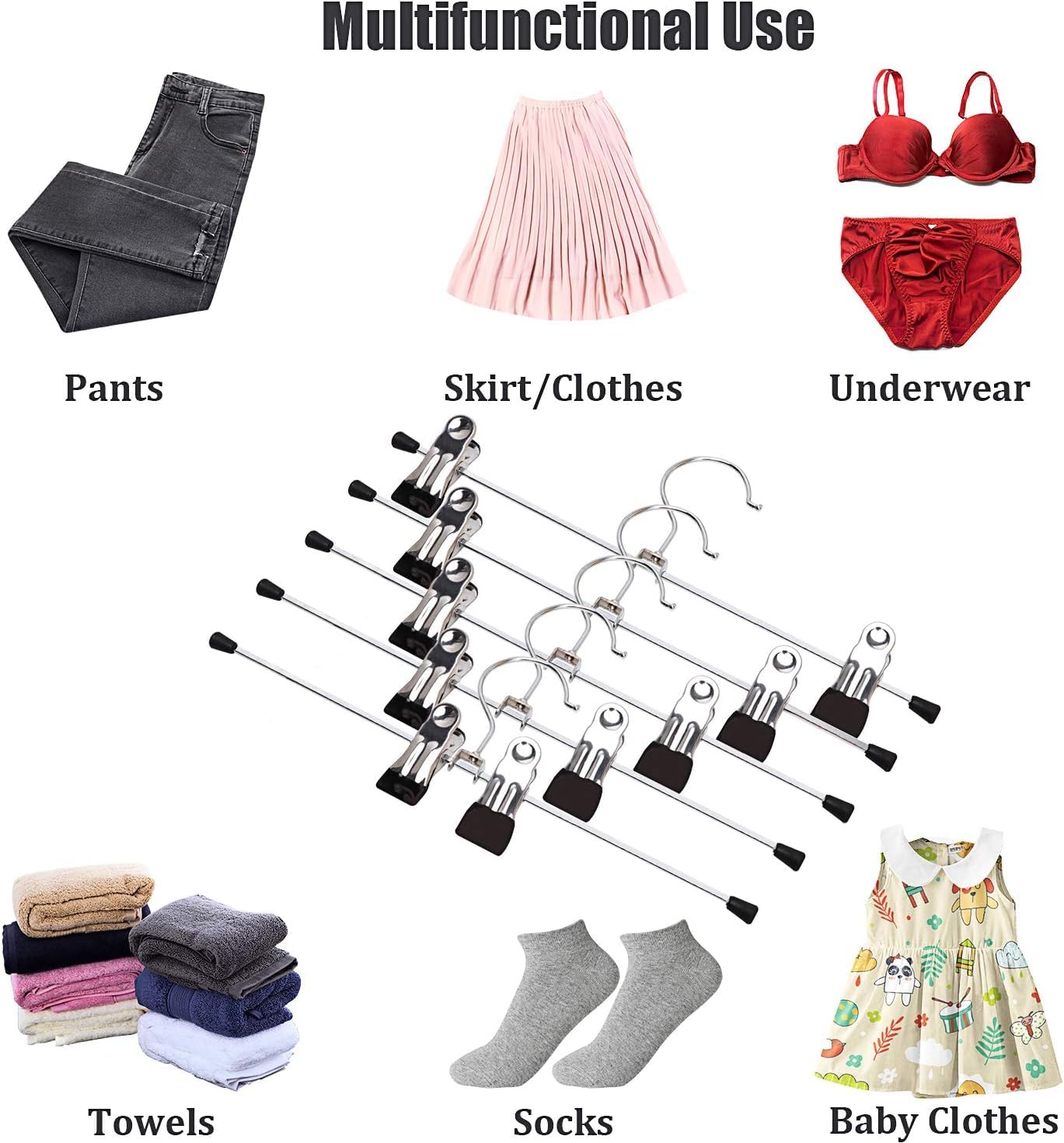 XIAO MO GU Trouser Hangers, 10 Pack Skirt Hangers with Adjustment Metal Grip Clips, Pant Hangers for Kids Adults, Heavy Duty Durable Space Saving