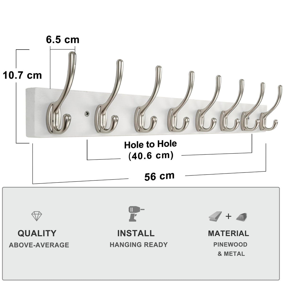HONSKY Wall Coat Rack - 8 Double Hooks 56cm | Wooden & Metal Towel/Coat Hanger for Entryway, Bathroom, Bedroom, Garage | Easy Install