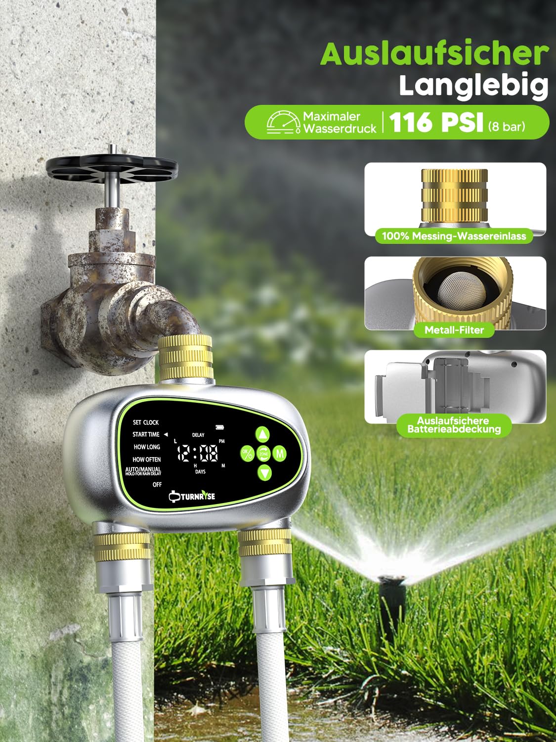 TURNRISE Water Timer 2 Outlets, Digital Sprinkler Timer for Irrigation with Brass Inlet and Outlet, Rain Delay/Manual Watering/Automatic WateringTimer