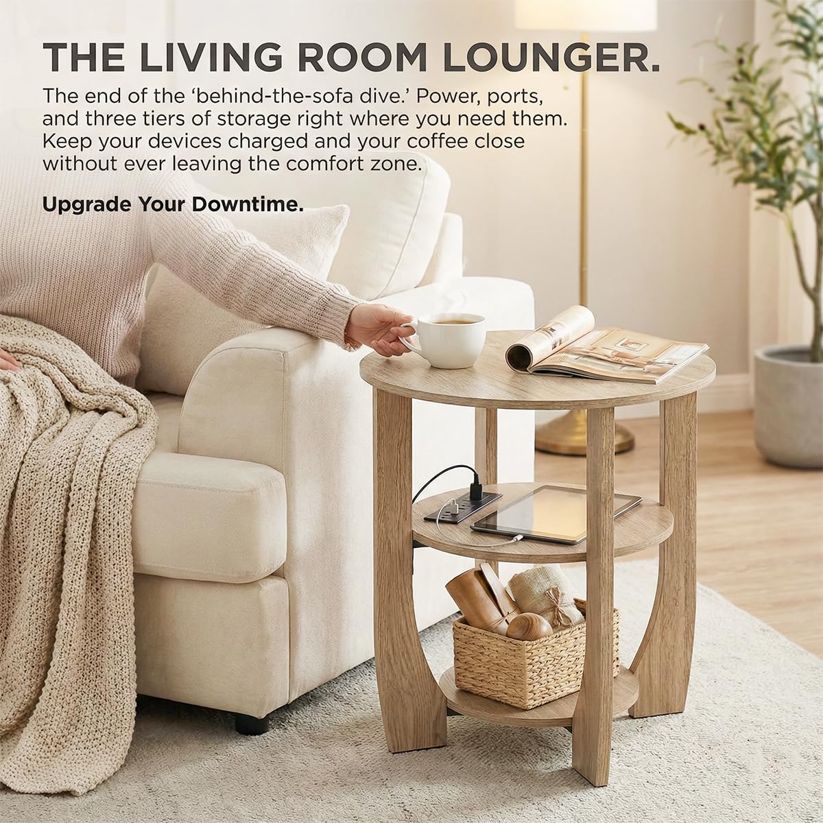 ZEXVIDA 3 Tier Round Side Table with Charging Station, Farmhouse Wood End Tables with Storage