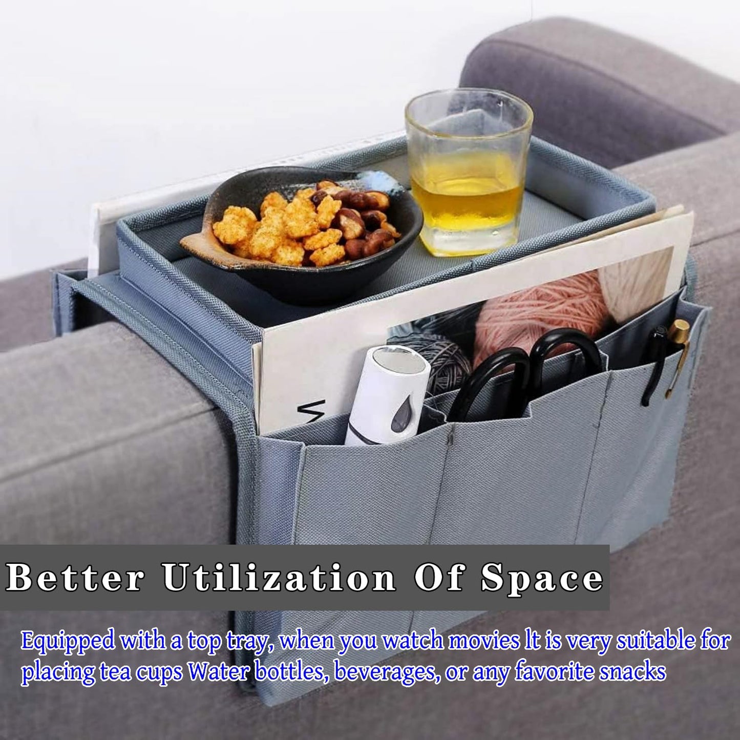 Sofa Armrest Organizer Candy Organizer with Tray & 5 Pockets, Foldable Couch Arm Rest Storage Bag Sofa Armchair Hanging Storage with Cup Holder for