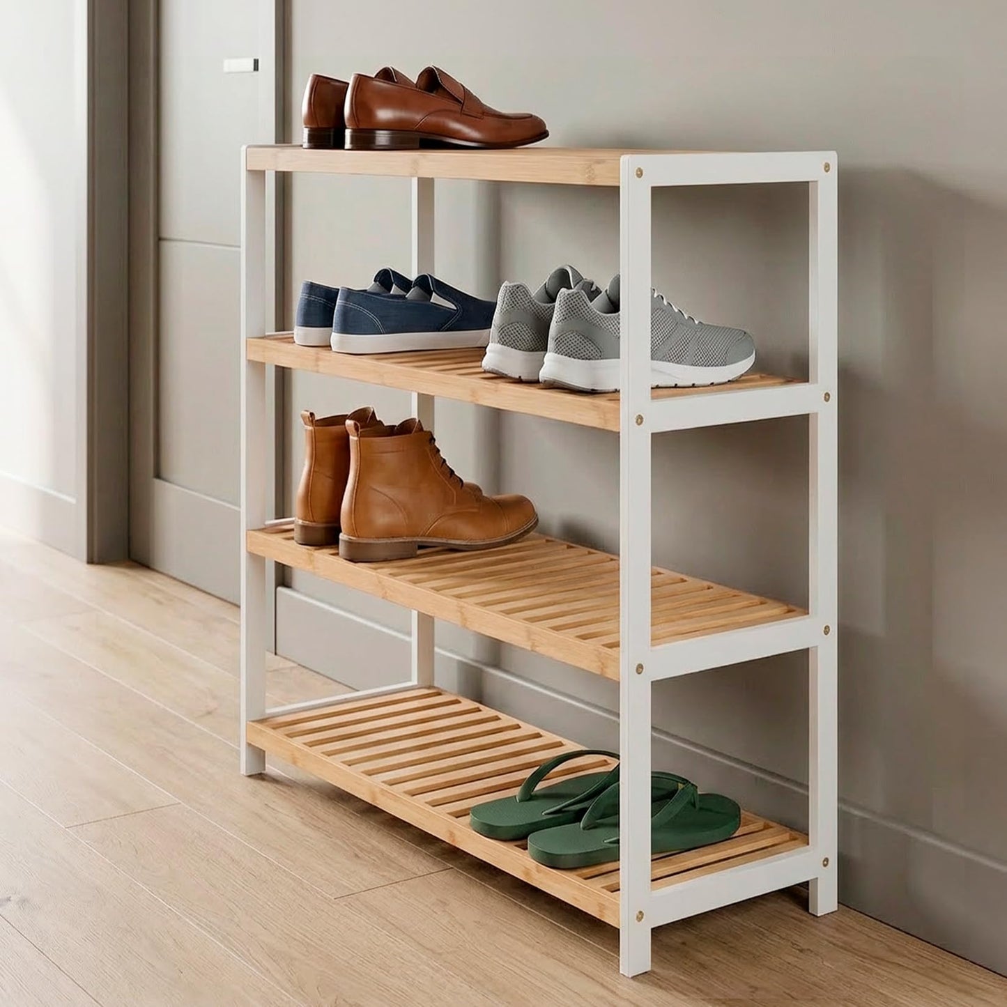 woodluv 4-Tier Shoe Rack, Shoe Storage Organiser, Wooden Storage Rack, Shoe Shelf for Hallway, Living Room, Plants Books, Bedroom,Bathroom