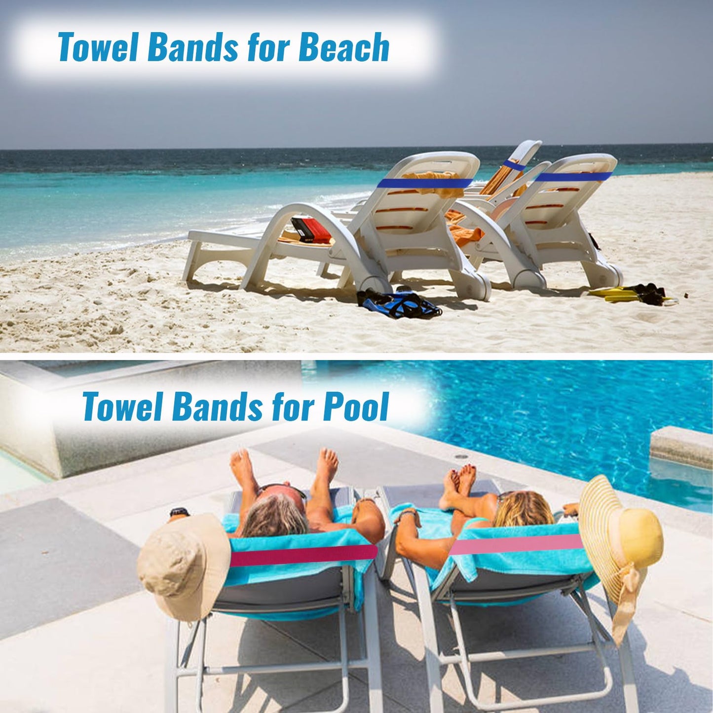 4 Pack Sun Lounger Straps, Elastic Sunbed Towel Bands, Windproof for Beach, Pool & Cruise Chairs