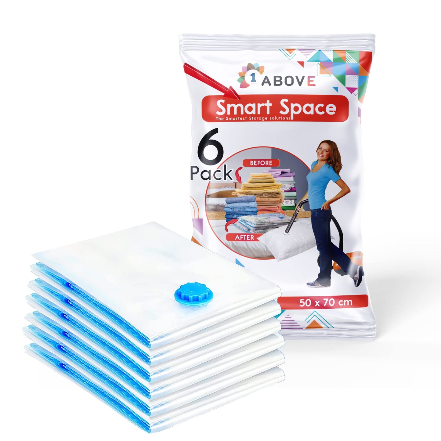 1ABOVE Pack of 6 Vacuum Compressed Storage Bags, Mould Moisture and Bug Proof, Double Zip High Sealing Triple Air Leak Patent Valve for Maximum