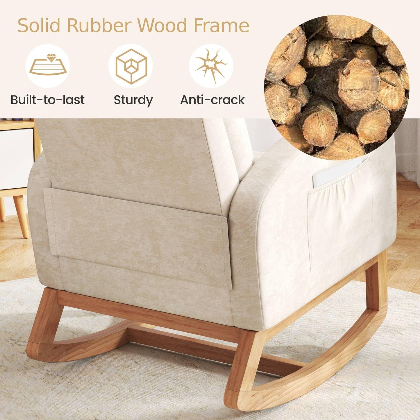 RELAX4LIFE Nursing Rocking Chair, Upholstered Chenille Fabric Relax Rocker Armchair with Headrest, Side Pockets & Solid Wood Legs