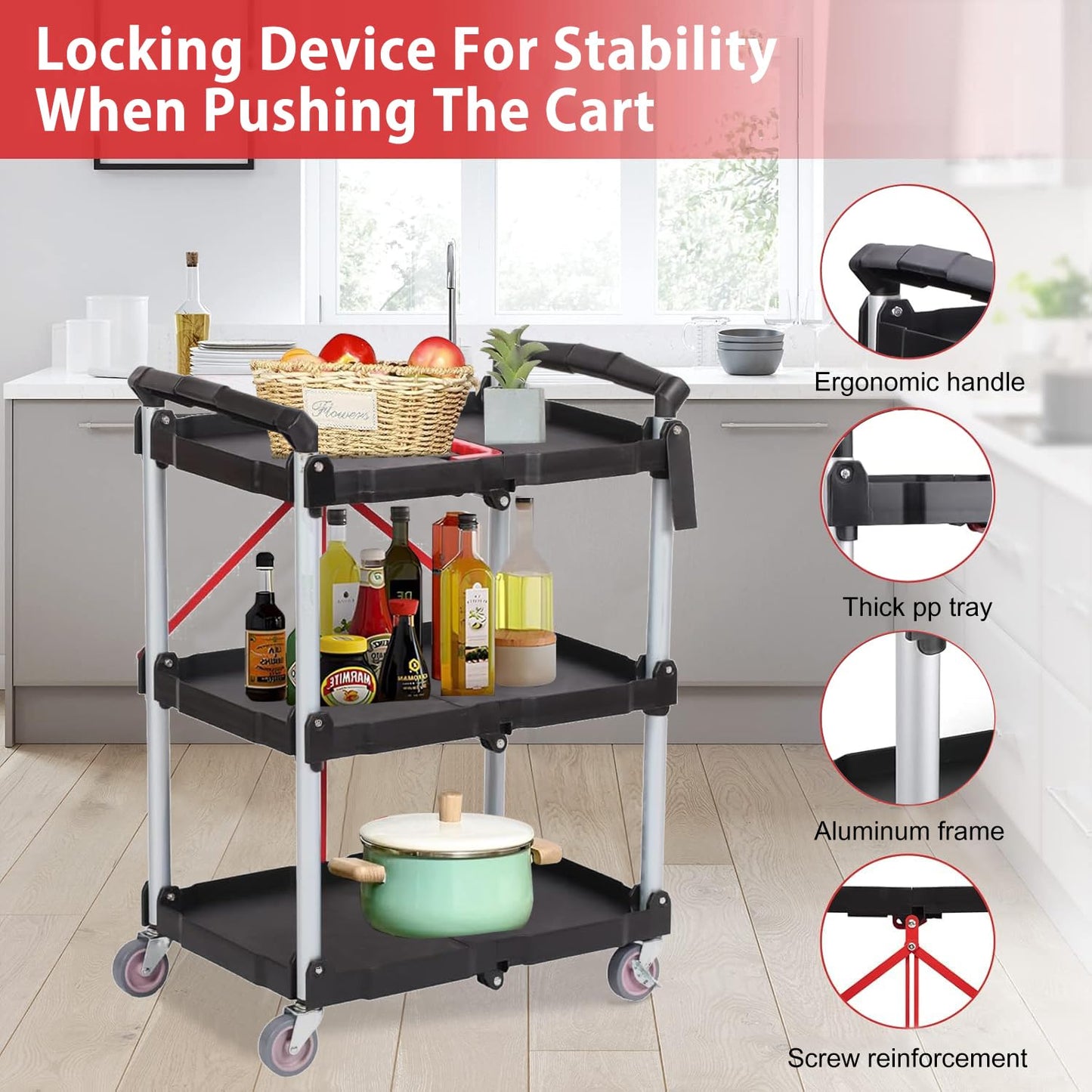 uyoyous 3-Tier Service Carts Folding Rolling Utility Cart Heavy Duty Metal Frame Tool Cart with Lockable Silent Wheels Supports Up to 200 lbs for