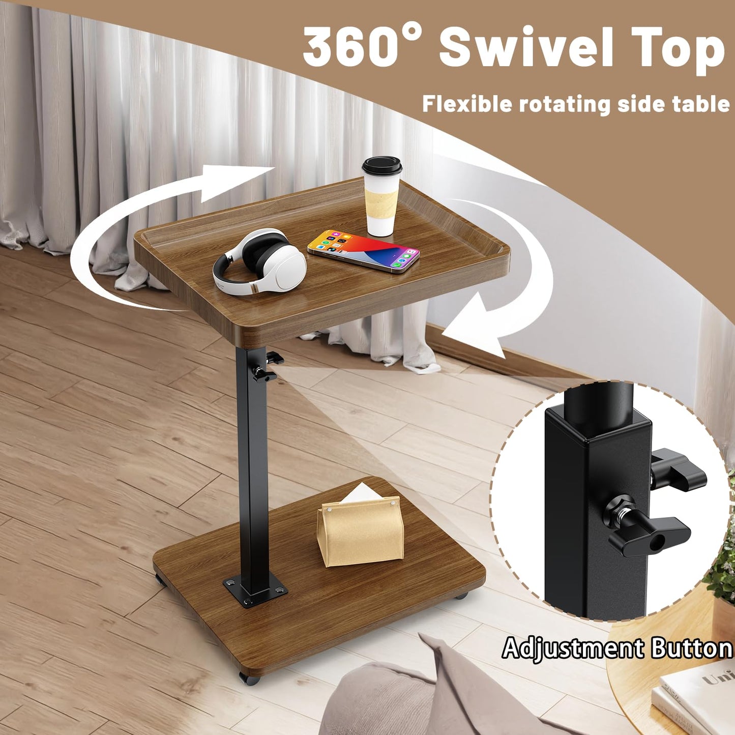 Lnopever Adjustable Side Table C Shaped Side Table with Wheels ＆ 360° Swivel Tray, Swivel Side Tables for Living Room