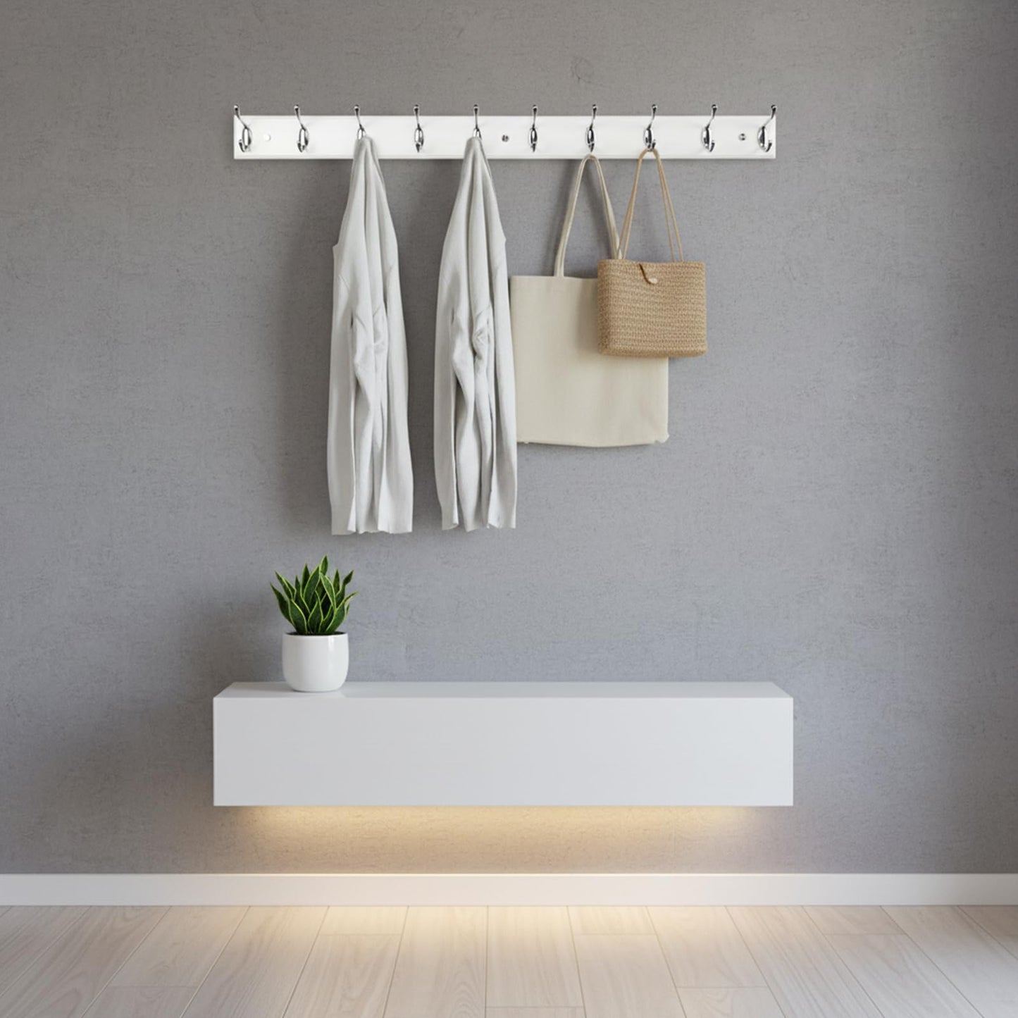 lomejii Long Wooden wall Mounted Coat Rack Wood White 10 Hooks, 95 cm, Sturdy Silver Coat Hook Rack for Clothes, Hats, Bags