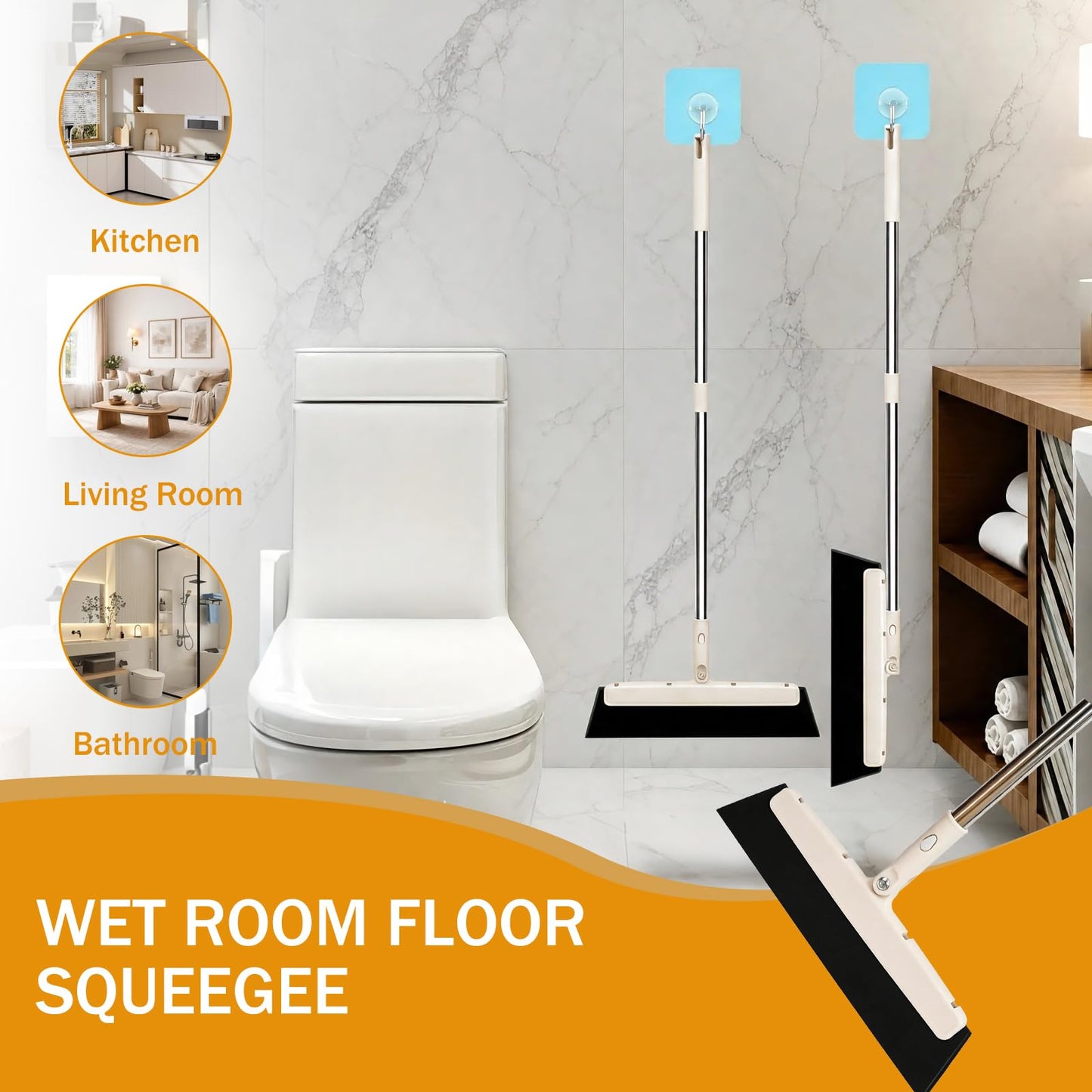 Floor Squeegee with Long Handle, Foam Squeegee Mop for Wet Room, Shower Cleaner Scraper, Floor Sweeper Wiper Broom