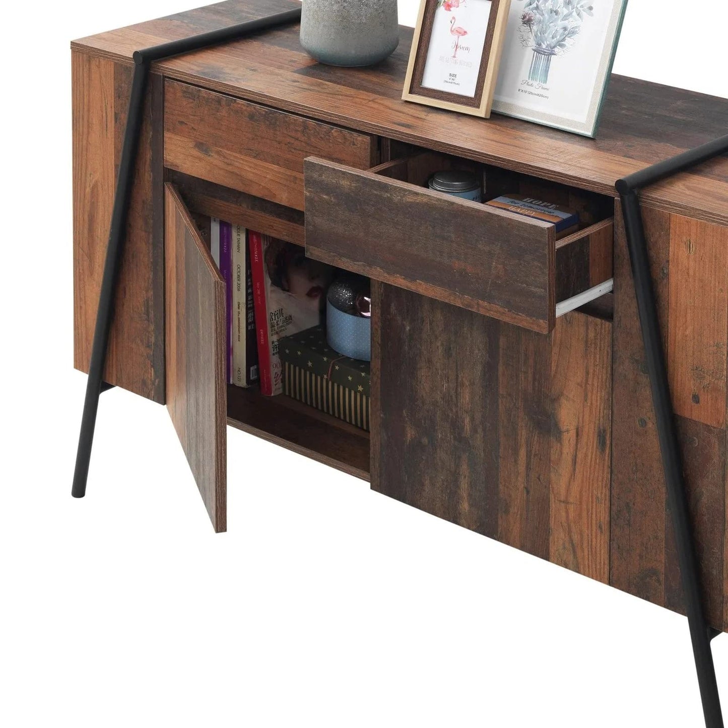 Timber Art Design UK Abbey Sideboard Storage Cabinet with 2 Doors 2 Drawers Cupboard Rustic Industrial Furniture Storage Unit For Dining Room