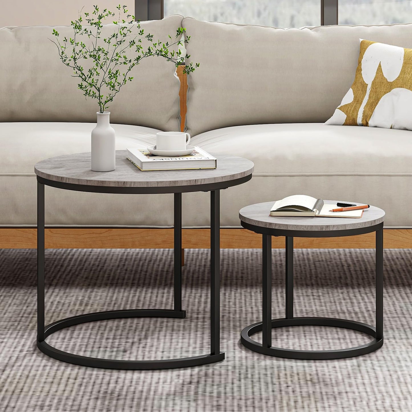 HOJINLINERO Small Round Nesting Coffee Table Set of 2 with Metal Frame and Wood Top, Modern Stacking Side Table for Living Room, Bedroom, Office