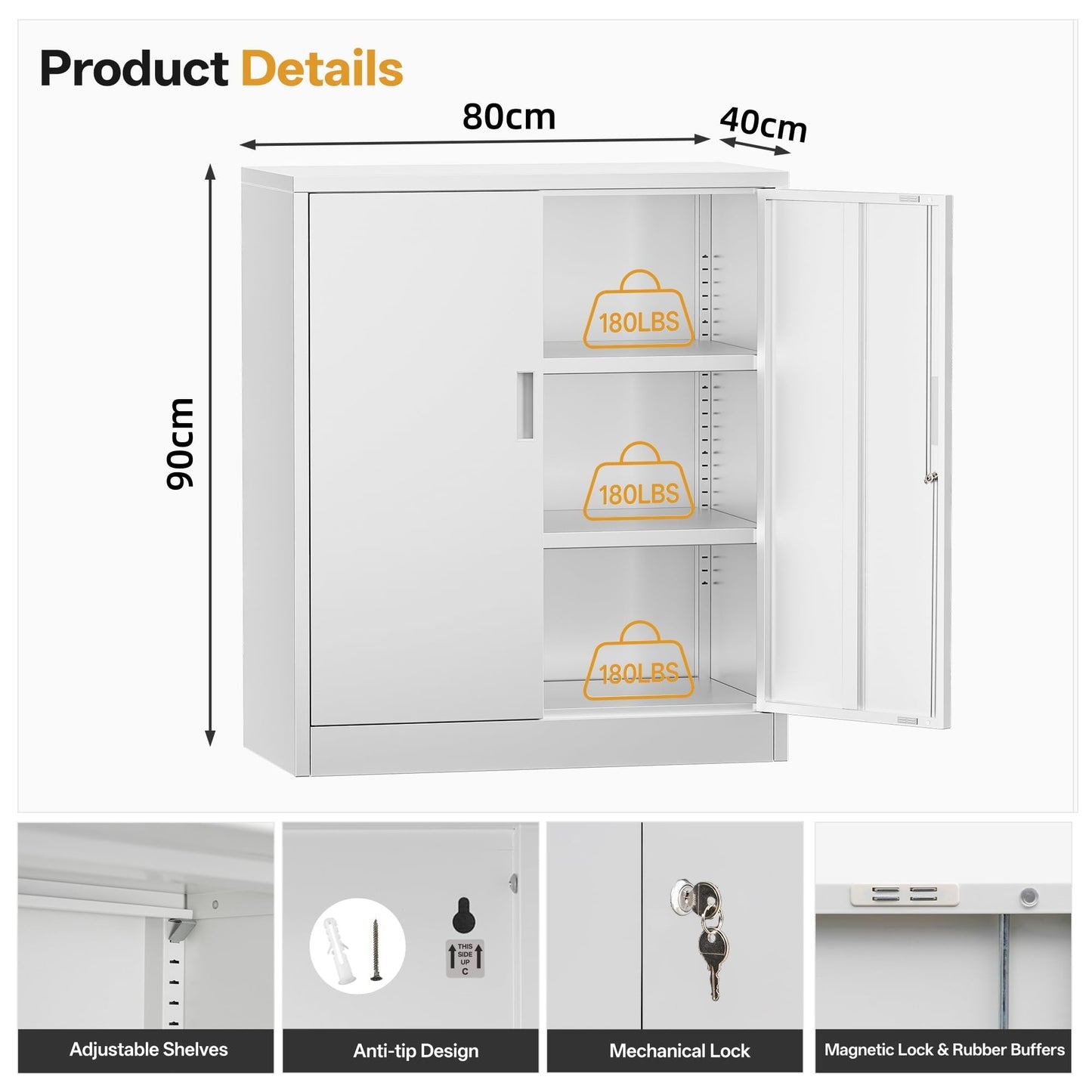 Metal Storage Cabinet, 90cm Locking Storage Cabinet with Doors & Shelves, Steel Storage Cabinet with 2 Adjustable Shelves for Garage, Home, Office