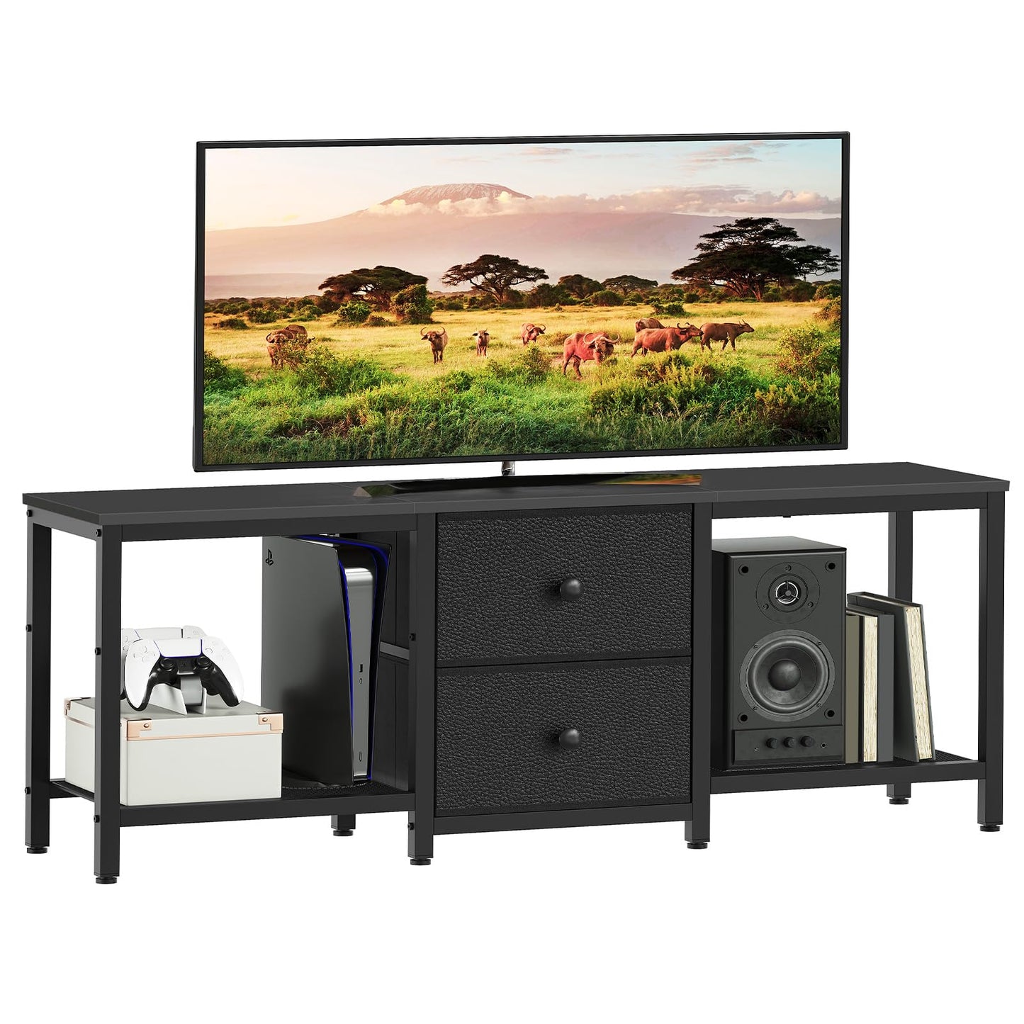 YATINEY TV Stand Cabinet for TVs up to 55'', Media Console with Shelves and 2 Drawers, Metal Frame, for Living Room, Bedroom, 120 x 30 x 50 cm