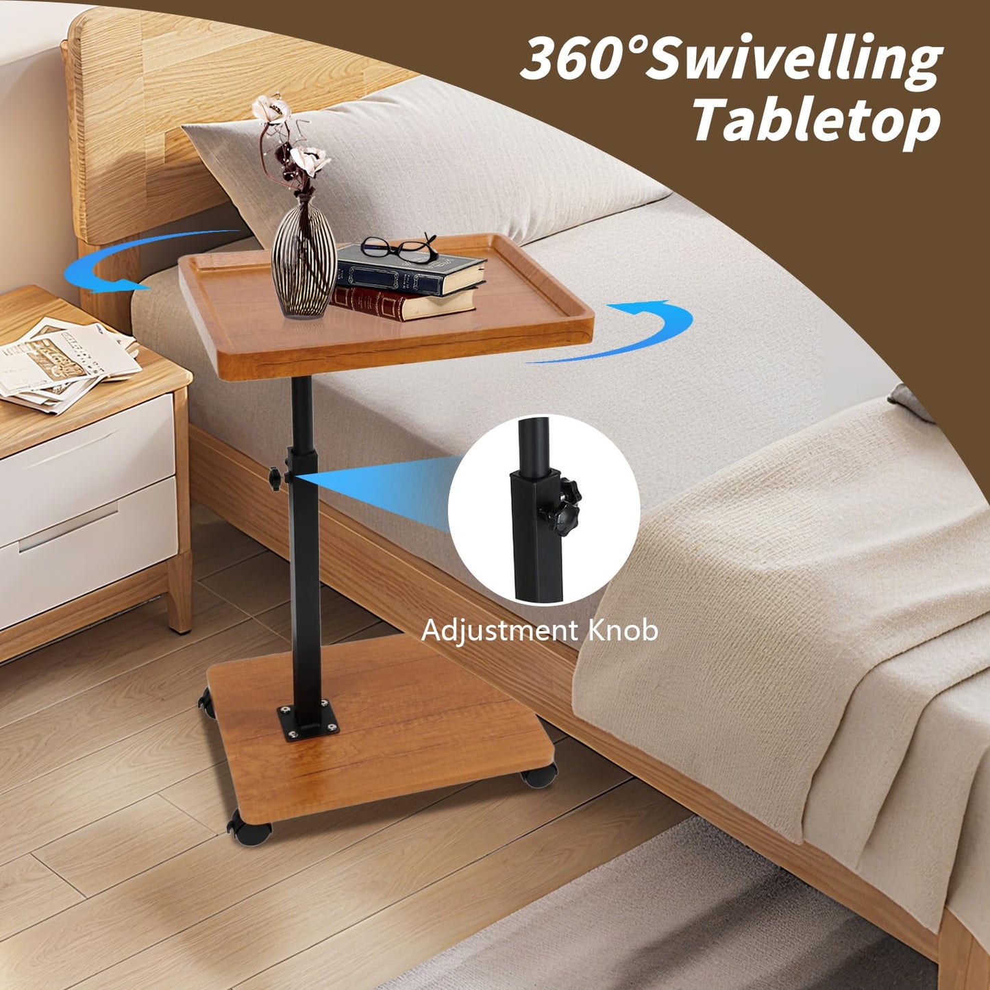 XUDREZ Adjustable Side Table, C Shaped Small Table with 4 Wheels 364° Swivel Tray, End Table for Living Room Bedroom Sofa Small Spaces (Wood color)