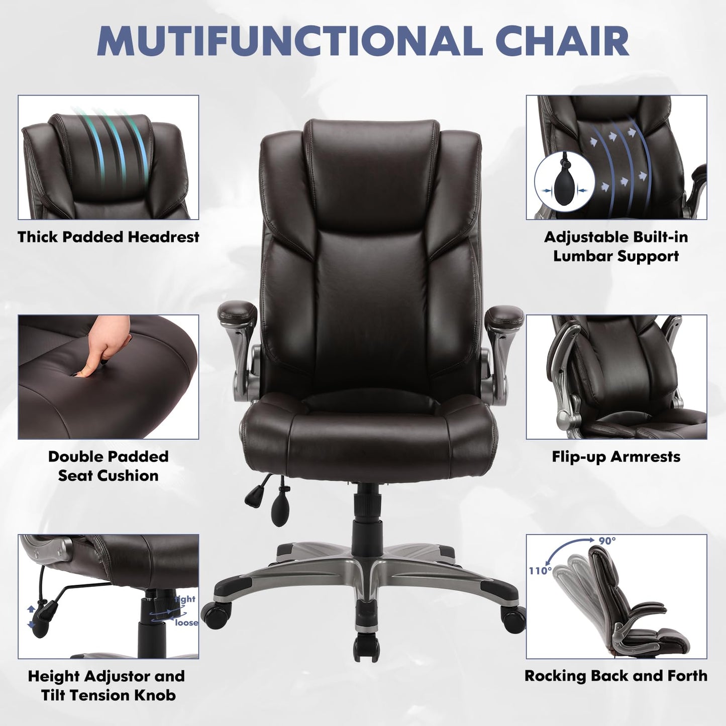 COLAMY High Back Executive Office Chair- Ergonomic Home Computer Desk Leather Chair with Padded Flip-up Arms, Adjustable Tilt Lock