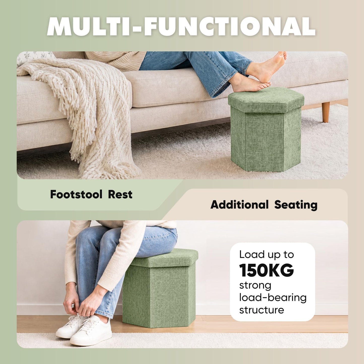 Bonlife Folding Storage Ottoman Hexagonal, Footrest with Toy Ches Box, 43cm