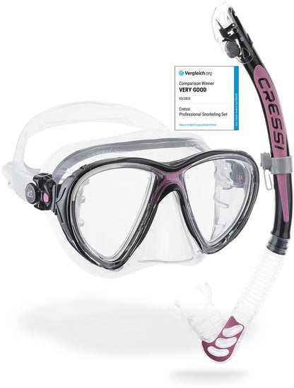 Cressi Big Eyes Evolution Mask & Alpha Ultra Dry Snorkel - Dive Combo Set, One Size, Transparent/Pink, Adult Unisex