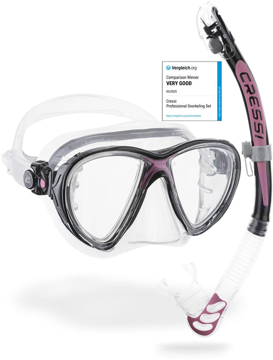 Cressi Big Eyes Evolution Mask & Alpha Ultra Dry Snorkel - Dive Combo Set, One Size, Transparent/Pink, Adult Unisex