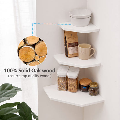 GIEANOO White corner shelf, Set of 2 Solid Oak Wood White Floating Corner Shelves Wall Mount Organizer with Wire Hole Small Plant Display for Kitchen