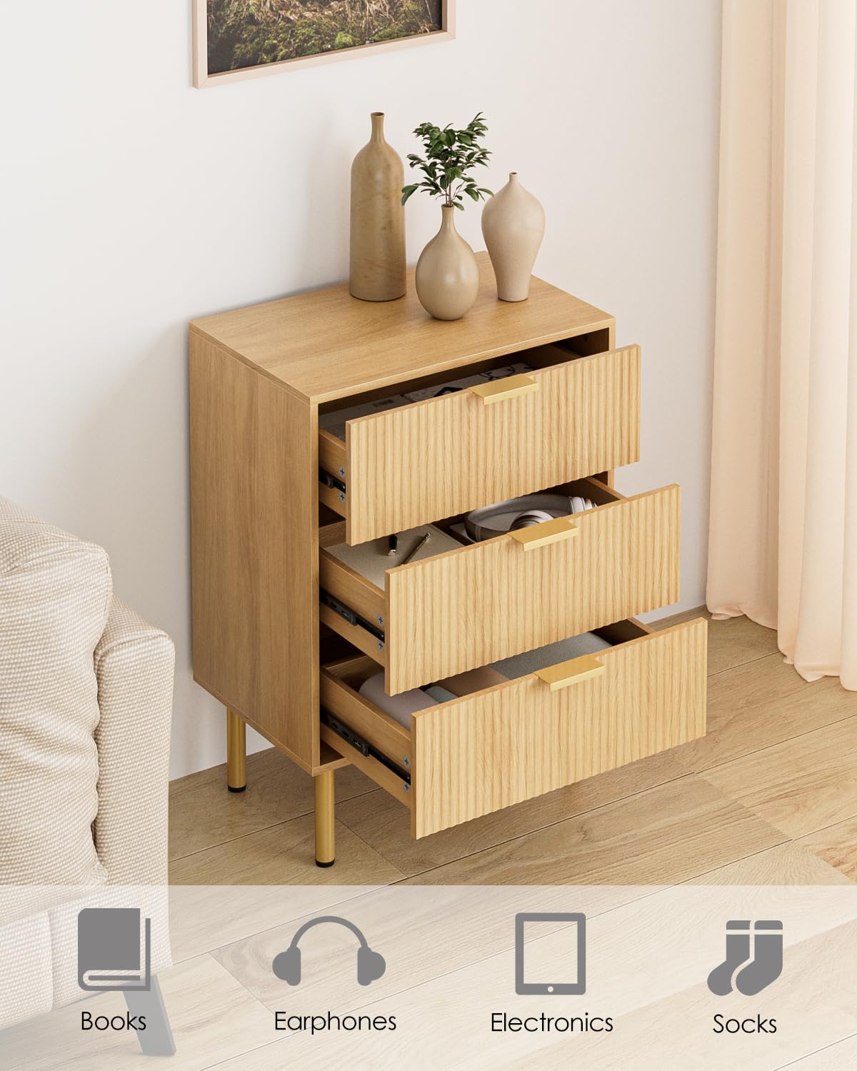 Apetaccat Bedside Table with 3 Drawers, Modern Bedside Cabniet with Metal Legs, Fluted Nightstand, Side Table for Bedroom, Living Room, Office, Oak