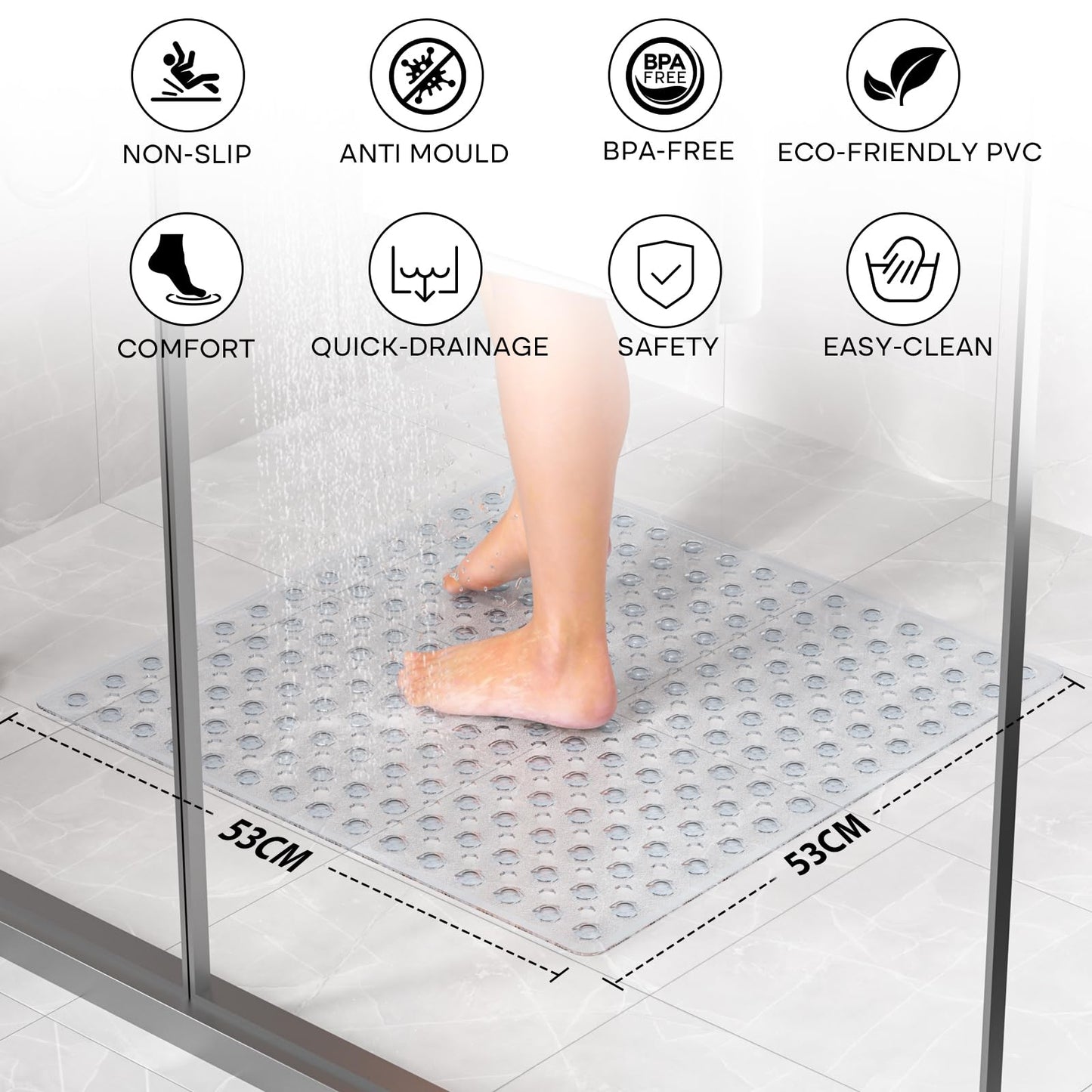 XIYUNTE Square Shower Mat Non Slip Anti Mould - 53 x 53cm Non Slip Shower Mats for Inside Shower