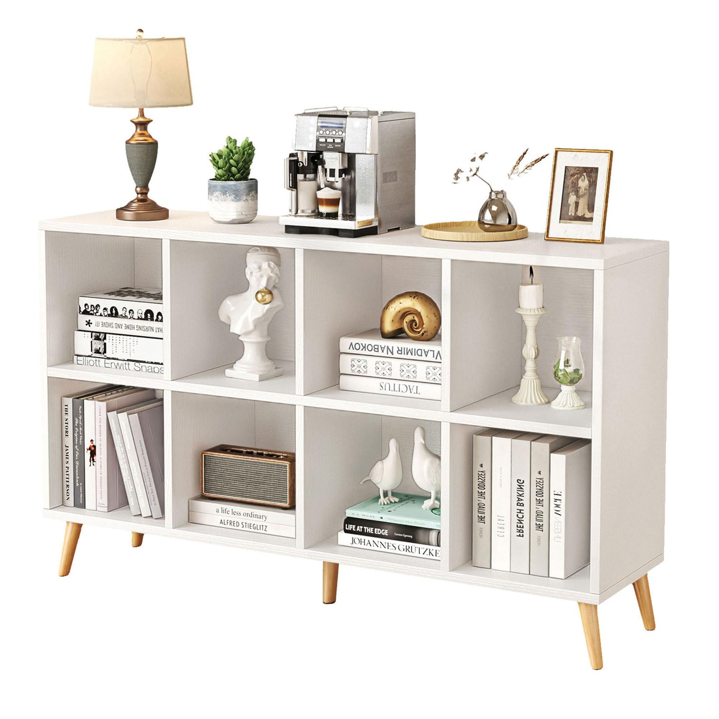Flrrtenv 8-Cube Bookshelf 2 Tier Modern Bookcase with Legs, 120cm Wood Bookshelves Storage Organizer Shelf