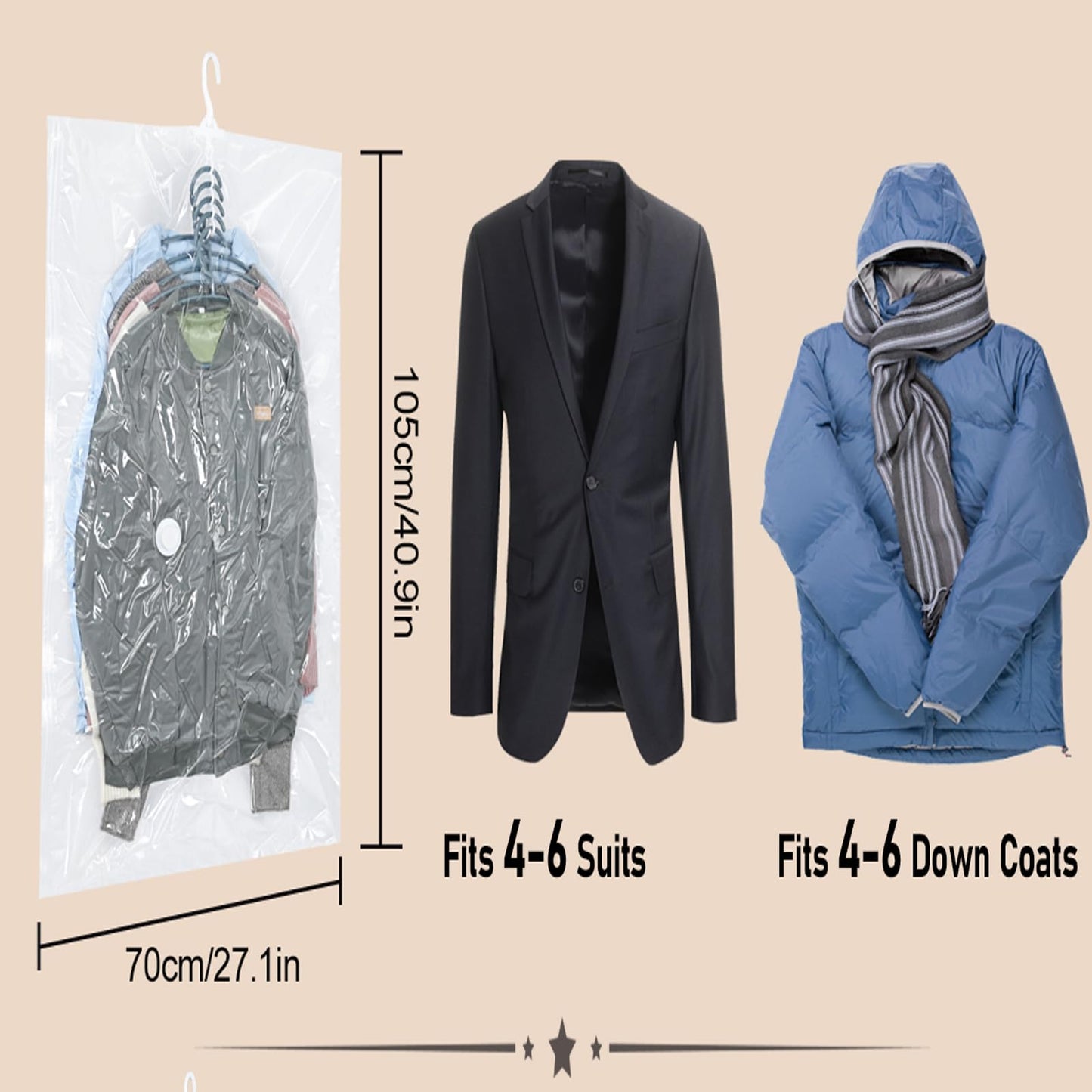 Hanging Vacuum Storage Bags, ZWMYF 4 PCS Space-saving Vacuum Bag for Clothes, Suits, Dresses, Coats or Jackets