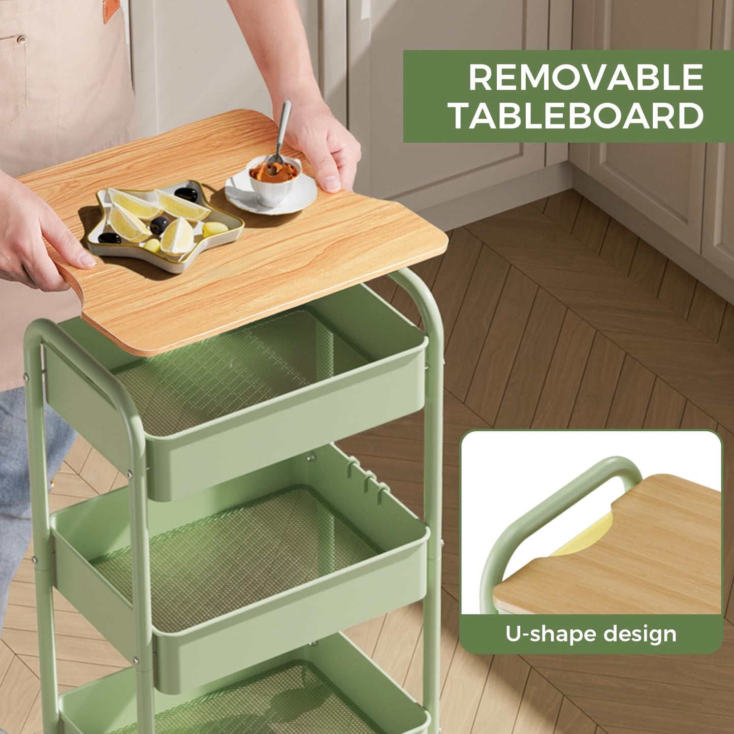 Shrivee 3-Tier Rolling Cart with Table Top, Serving Trolley, Metal Rolling Utility Trolley, Shelf on Wheels, Shelf, Organiser, Kitchen Shelf