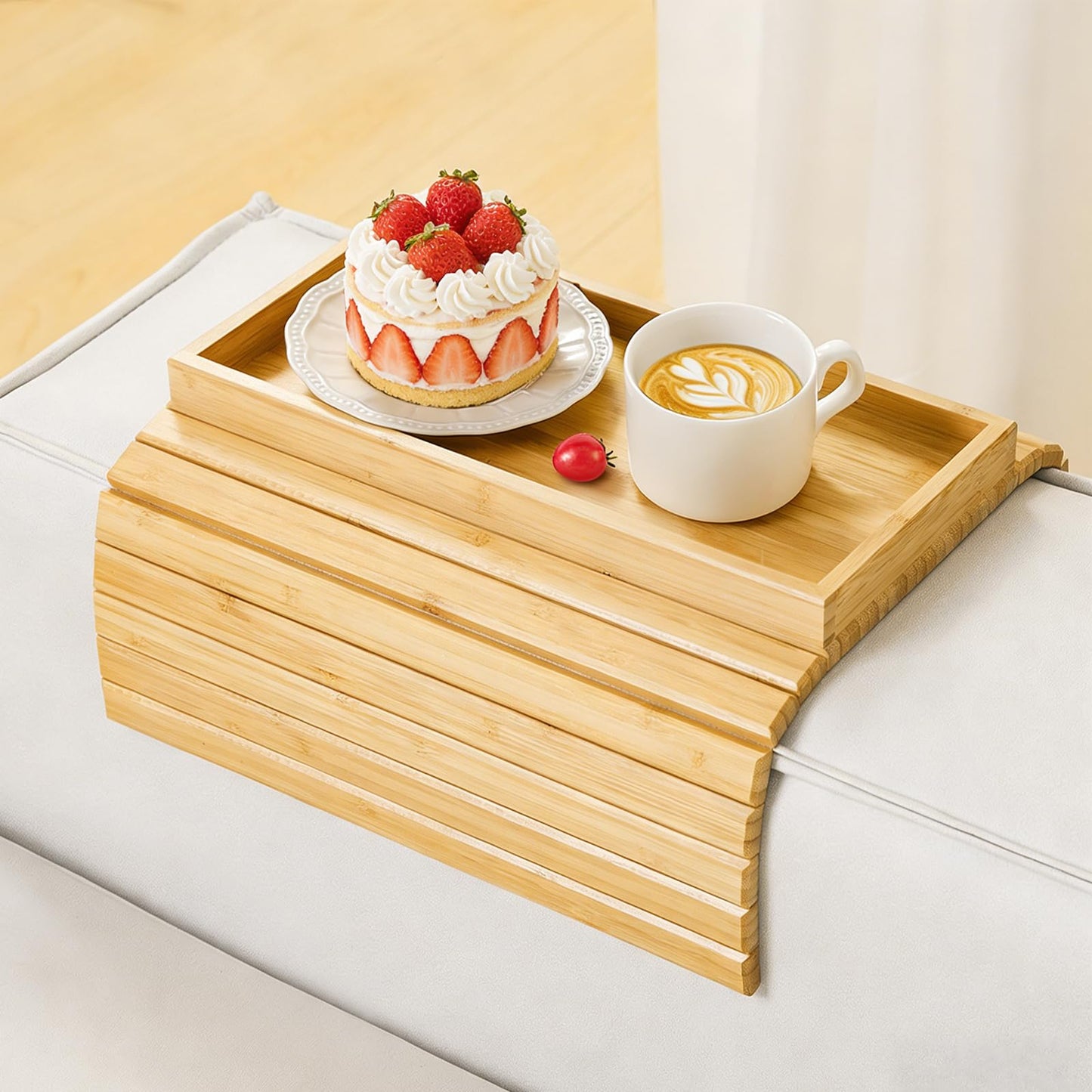 Kssiaz Couch Arm Tray, Bamboo Sofa Tray Table for Couch, Sofa Armrest Table, Anti-Slip Armrest Organizer, Foldable Cup Holder for Snacks, Phone