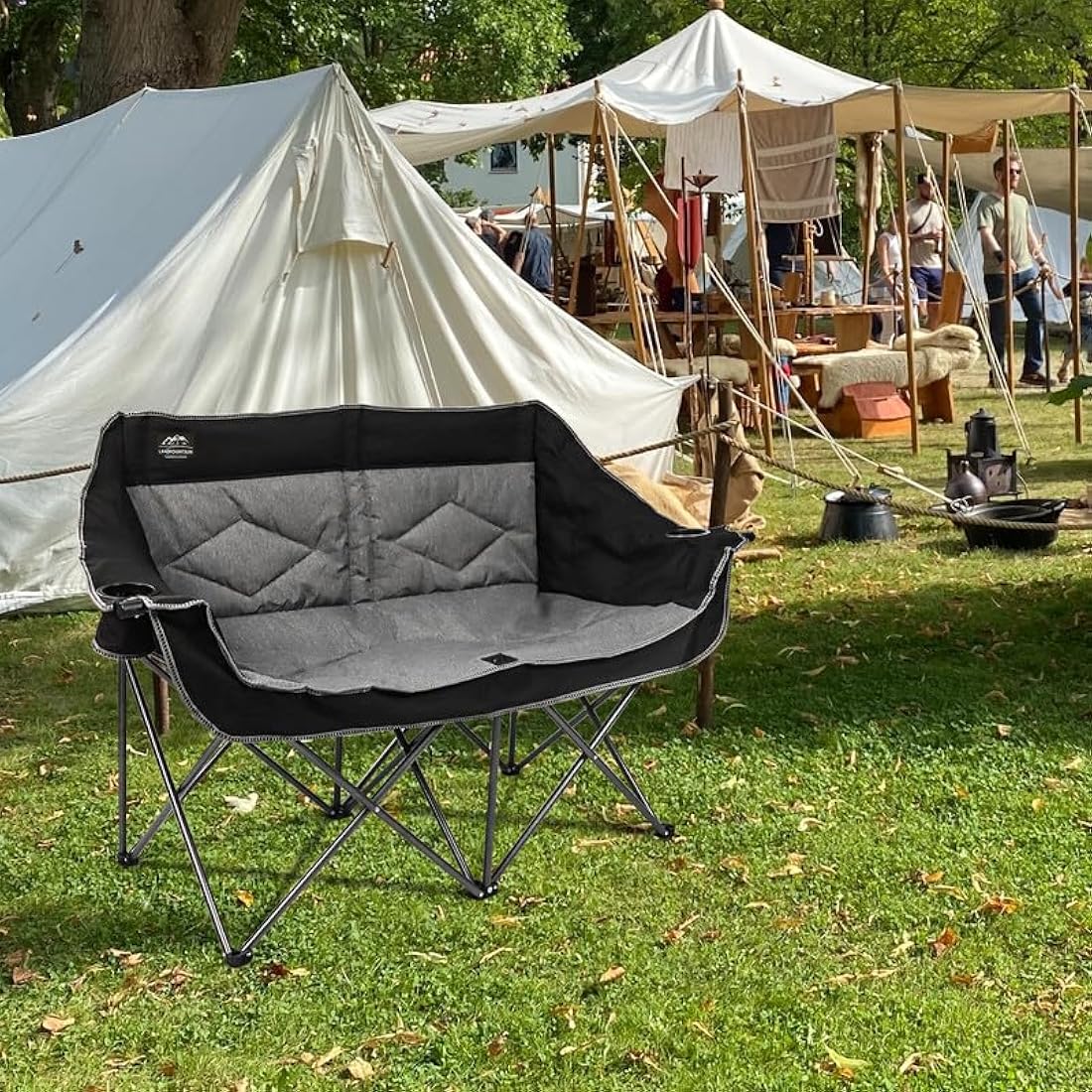 LANMOUNTAIN Folding Loveseat Camping Chair, Portable Double Chair w/Cup Holder,Wine Glass Holder,Carry Bag Heavy Duty Lawn Chair for 2 Adults,Perfect for Camp,Hiking,Picnics and Beach Trips,Black